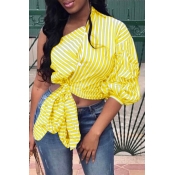 Lovely Casual One Shoulder Striped Yellow Blouse