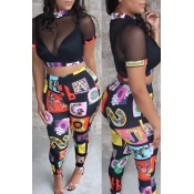Lovely Sexy Patchwork Black Two-piece Pants Set(Wi