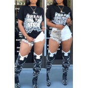 Lovely Trendy Patchwork Printed Black T-shirt