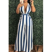 Lovely Casual Backless Striped Blue One-piece Jump
