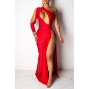 Lovely Sexy One Shoulder Hollow-out Side Split Red