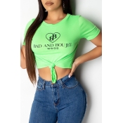 Lovely Casual Letter Printed Green T-shirt