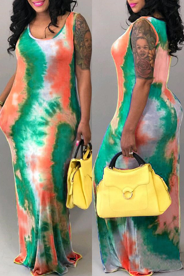 Lovely Casual Tie-dye Watermelon Red Floor Length Dress(With Elastic)