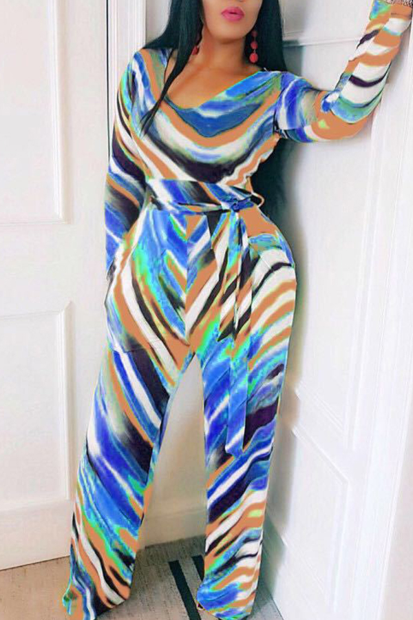 Lovely Casual Striped Printed Lace-up Blue One-piece Jumpsuit
