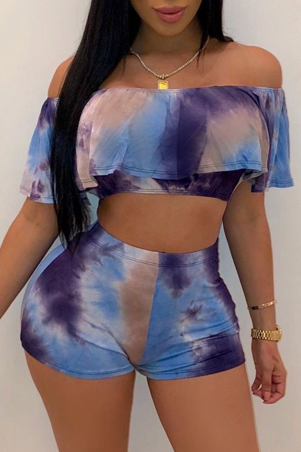Lovely Bohemian Tie-dye Blue Two-piece Shorts Set