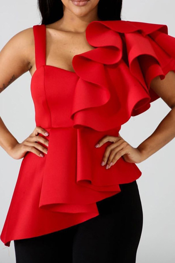 Lovely Stylish Ruffle Design Asymmetrical Red Blouse