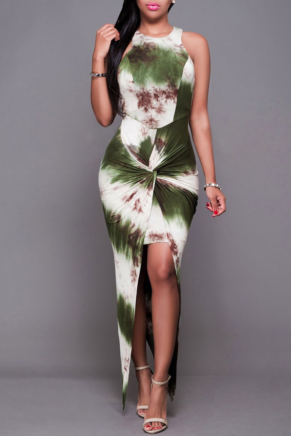 Lovely Casual Printed Asymmetrical Green Ankle Length Dress