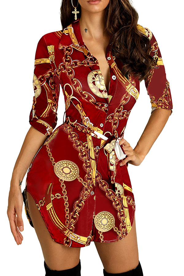 Lovely Stylish Turndown Collar Printed Red Mini Dress