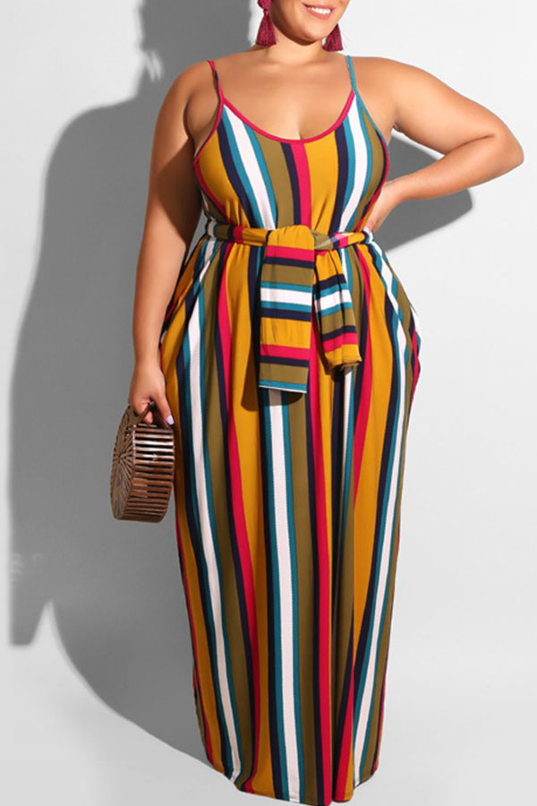 Lovely Casual Spaghetti Straps Striped Yellow Floor Length Plus Size Dress