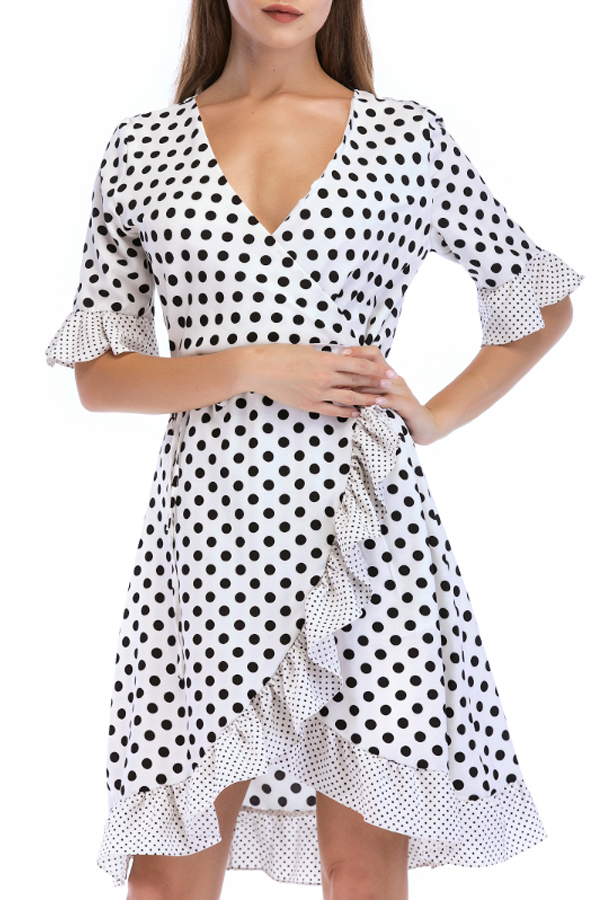 Lovely Sweet V Neck Dot Printed Ruffle Asymmetrical White Mini Dress