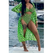 Lovely Geometric Printed Green Two-piece Swimwear(