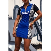 Lovely Casual Printed Patchwork Blue Mini Dress