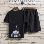 Lovely Casual Printed Black Cotton Two-piece Short
