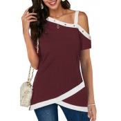 Lovely Casual One Shoulder Patchwork Wine Red Blou