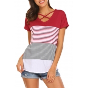 Lovely Casual V Neck Striped Hollow-out Red T-shir