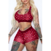 Lovely Sexy U Neck Printed Red Two-piece Shorts Se
