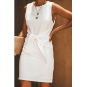 Lovely Work O Neck Knot Design White Mini Dress