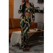 Lovely Casual V Neck Printed Black Two-piece Pants