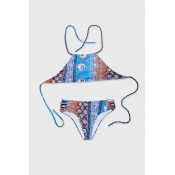 Lovely Halter Neck Print Blue Two-piece Swimsuit