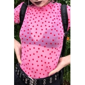 Lovely Sexy O Neck See-through Light Pink T-shirt(