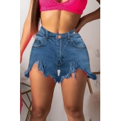 Lovely Casual Tassel Design Blue Denim Shorts