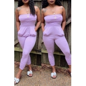 Lovely Casual Off The Shoulder Light Purple One-pi