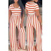 Lovely Casual O Neck Striped Croci One-piece Jumps