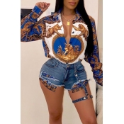 LW Stylish Turndown Collar Printed Blue Shirt