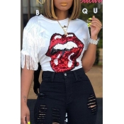 Lovely Casual O Neck Lip-shaped Sequins Decoration