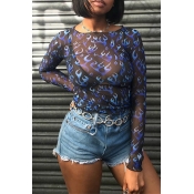 Lovely Sexy O Neck Printed See-through Blue T-shir