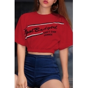 Lovely Casual O Neck Letter Printed Red T-shirt