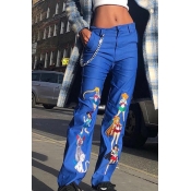 Lovely Casual Cartoon Printed Blue Jeans(Without A