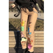 Lovely Casual Cartoon Printed Khaki Jeans
