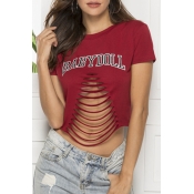 Lovely Casual Letter Printed Hollow-out Wine Red C