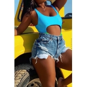 Lovely Patchwork Hollow-out Blue One-piece Swimwea