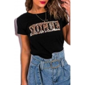 Lovely Casual O Neck Leopard Printed Black T-shirt