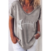 Lovely Casual V Neck Printed Grey T-shirt