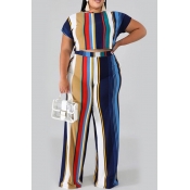 Lovely Casual O Neck Striped Printed Royalblue Plu