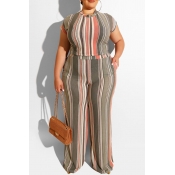 Lovely Casual O Neck Striped Printed Apricot Plus 