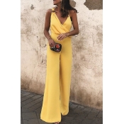 Lovely Chic V Neck Yellow Loose One-piece Jumpsuit