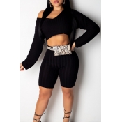 Lovely Casual Cold Shoulder Black Two-piece Shorts