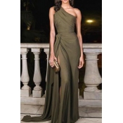 Lovely Sexy One Shoulder Army Green Trailing Dress