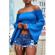 Lovely Casual Off The Shoulder Flare Sleeve Blue B