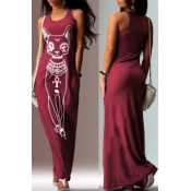 Lovely Casual U Neck Printed Wine Red Floor Length