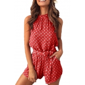 Lovely Sweet Dot Printed Wine Red One-piece Romper
