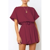 Lovely Casual O Neck Wine Red One-piece Romper
