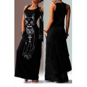 Lovely Casual U Neck Printed Black Floor Length T-