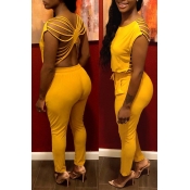 Lovely Sexy O Neck Hollow-out Yellow One-piece Jum