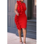 Lovely Sweet O Neck Ruffle Design Red OL Dress