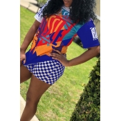 LW Casual Printed Plaid Blue Two-piece Shorts Set